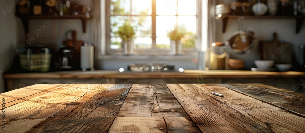 Poster a wooden table top is placed in front of a window with natural light filtering through.