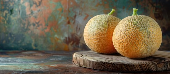 Two ripe cantaloupes on top of a wooden board.