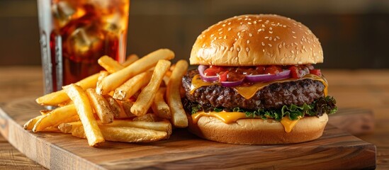 A classic cheeseburger with mayonnaise and french fries served on a wooden cutting board.