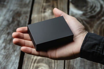 A person's hand gently holds a sleek black rectangular box, offering a subtle presentation against a rustic wood grain background