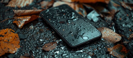 A black cell phone is lying on top of a bed of green leaves, blending with nature. - Powered by Adobe