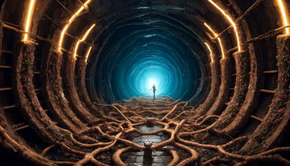 A figure approaches a glowing exit in a tunnel where organic root bridges and neon lights create an ethereal and enigmatic underground journey.