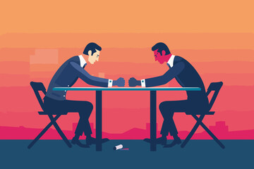 Two businessmen engaged in intense arm wrestling competition on table, showcasing strength, power, determination and rivalry in business - obrazy, fototapety, plakaty