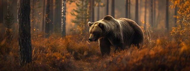 A wild brown bear in its natural forest habitat, animal in wildlife concept.