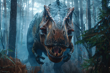 A large T-Rex is walking through a forest