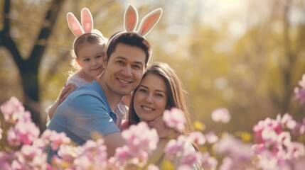 A happy family wearing bunny ears is sitting in a field of flowers, smiling and sharing gestures of joy in the natural landscape. Fun adaptation to nature, people enjoying the grassy surroundings