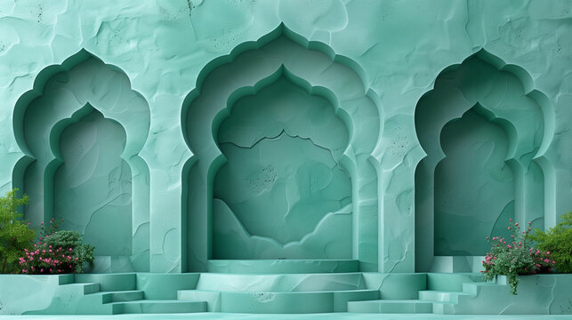 Turquoise wall with three arches, Isalamic architecture pattern