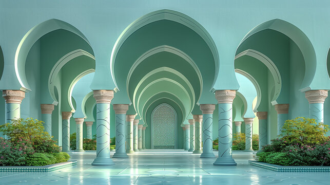 Depicts a courtyard with columns and horseshoe arches