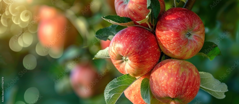 Poster ripe red apples form a cluster as they hang from the branches of a tree.