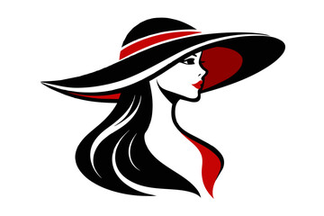 Silhouette image beautiful woman in big hat outline style white background 