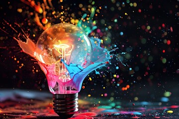 A light bulb exploding, vibrant colors against a black background, symbolizing creativity and innovation in digital marketing.