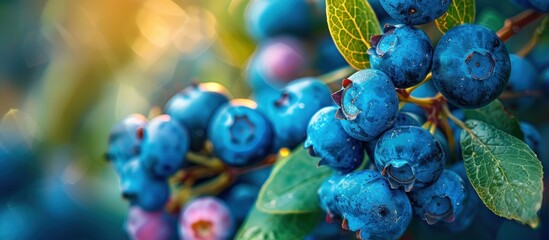 Close up view of a bunch of blue berries hanging in a cluster from a tree branch, showcasing their vibrant blue color and organic appearance. - Powered by Adobe