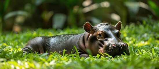 Fototapeta premium A young hippo is lying down in the grass.