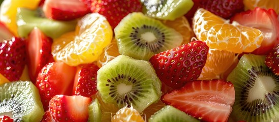 Various types of fresh fruit, like strawberries, kiwi, and pineapple, are sliced into bite-sized pieces and arranged neatly on a plate. - Powered by Adobe