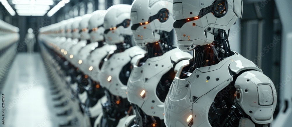 Poster a row of robots are lined up on a conveyor belt while an ai driven bionic android oversees the assem