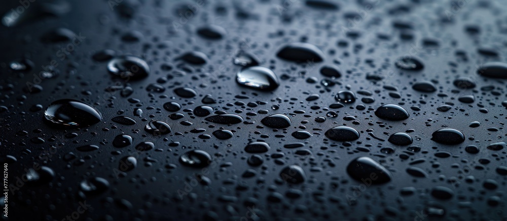 Poster close-up view of multiple water droplets resting on a smooth black surface, refracting light in vari