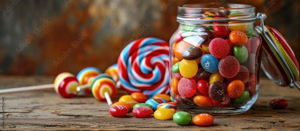 Poster a transparent glass jar overflowing with a variety of vibrant and colorful candies, creating a visua