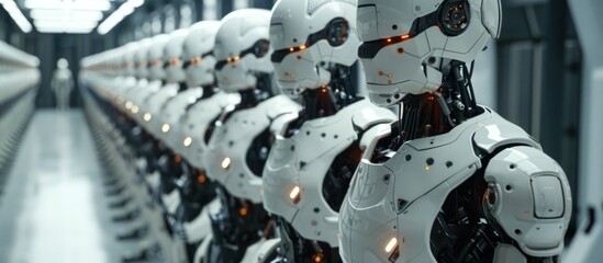 A row of robots are lined up on a conveyor belt while an AI driven bionic Android oversees the assembly process in a futuristic factory setting.