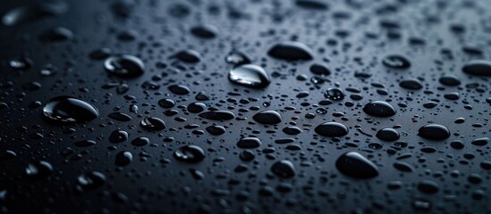 Close-up view of multiple water droplets resting on a smooth black surface, refracting light in various angles. - Powered by Adobe