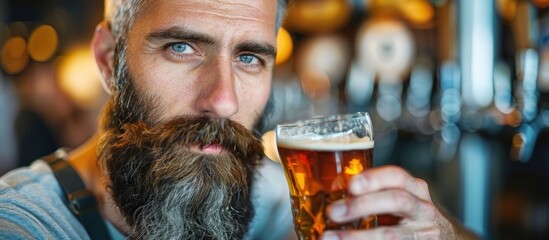 A man with a full beard is holding a glass of beer in his hand.