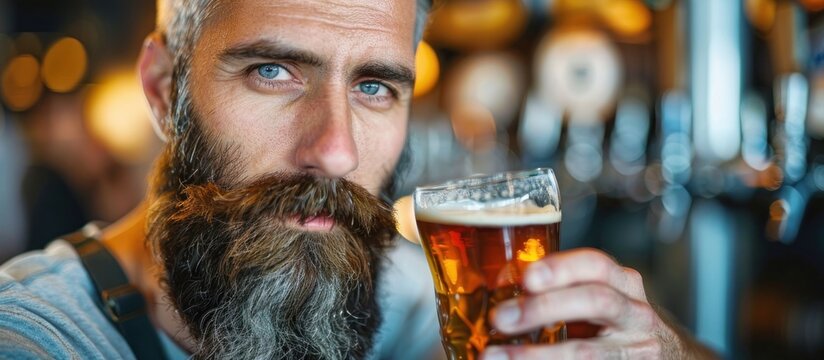 A man with a full beard is holding a glass of beer in his hand.