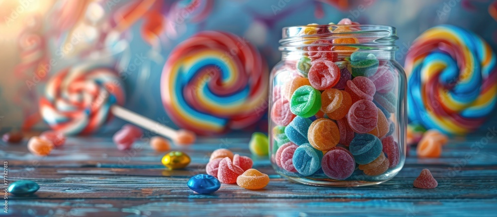 Poster a clear glass jar overflowing with an array of vibrant and assorted candies, creating a tempting and
