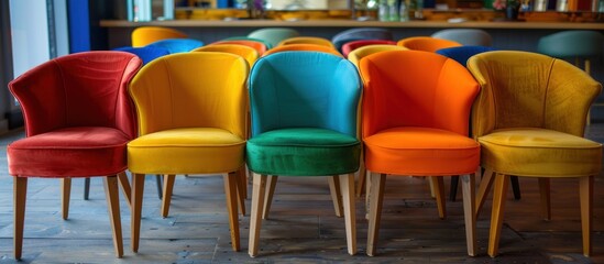 A line of vibrant chairs in different colors positioned closely next to one another.