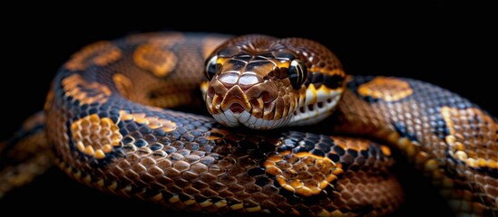 Fototapeta premium A detailed view of a Ball Python snake slithering on a black background. The scales of the snake are visible in high definition.