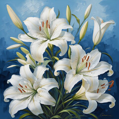 Fototapeta na wymiar Illustration of beautiful white easter lilies on blue background.