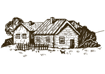 Rural landscape engraving PNG illustration
