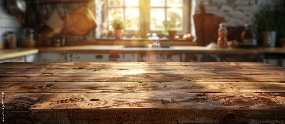 Poster a wooden table positioned in front of a window, creating a simple yet functional space with natural 