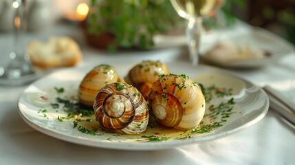 Plat d'escargots de Bourgogne au beurre persill&eacute;, sp&eacute;cialit&eacute; fran&ccedil;aise, escargots comestibles, gastronomie de France