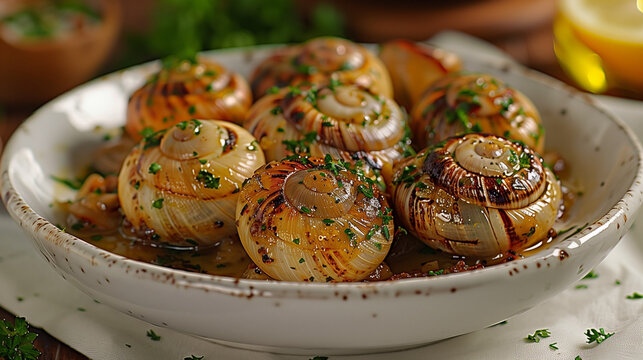 Plat d'escargots de Bourgogne au beurre persill&eacute;, sp&eacute;cialit&eacute; fran&ccedil;aise, escargots comestibles, gastronomie de France