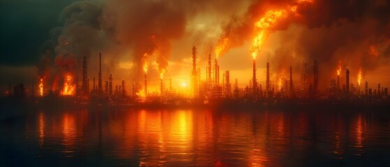 Industrial fire at factory prompts emergency response due to explosion and pollution. Concept Industrial Fire, Factory Accident, Emergency Response, Explosion, Pollution Crisis