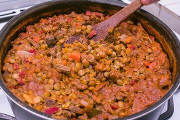 Traditional Spanish lentil stew .Home cooking