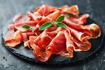 Sliced prosciutto on a black plate. 