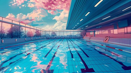 Summon the digital incarnation of an Olympic swimming pool, a mesmerizing scene painted by AI strokes, where the surreal meets the achievable, and pixels weave dreams into reality attractive look - obrazy, fototapety, plakaty