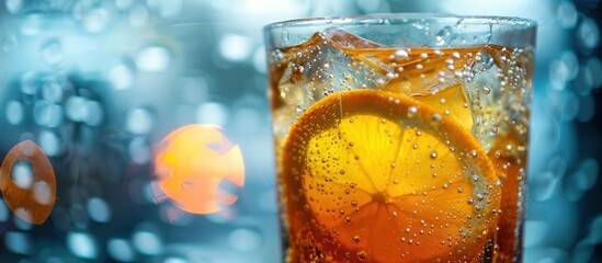 A close-up view of a glass of water on a table, containing a slice of orange in it.