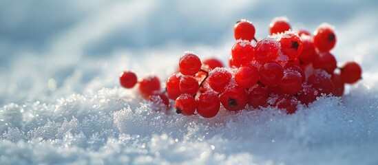 A bunch of red berries stands out against the white snow in a winter landscape.