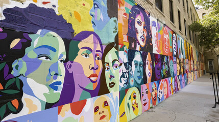 Public art project celebrating diversity, mural with faces and stories