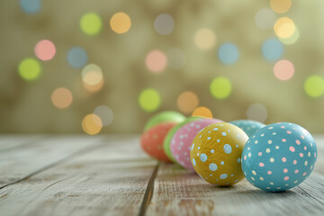 Fototapeta na wymiar Happy Easter with colorful eggs on a wooden background
