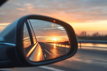 Car's side mirror reflects highway scene at sunset. - obrazy, fototapety, plakaty