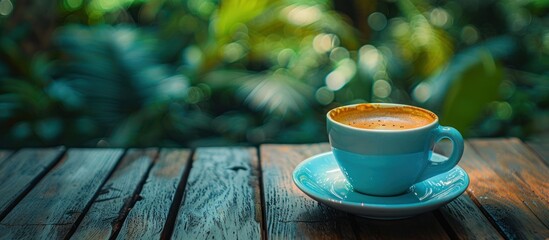 A blue-toned cup of coffee resting on a wooden table.