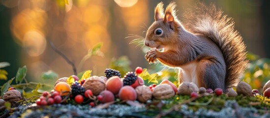 A squirrel sitting atop a stack of various fruits, munching contently on a nut. - obrazy, fototapety, plakaty