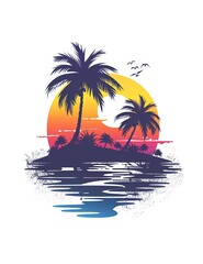 Logo with beach and palm trees.