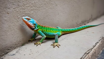 A-Lizard-With-Vibrant-Scales-Crawling-Up-A-Wall- 3 - obrazy, fototapety, plakaty