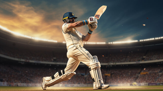 A cricket batsman hitting a boundary, the crowd on their feet in excitement.