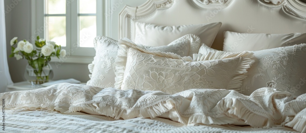 Poster a bed adorned with a white comforter and pillows, creating a clean and inviting sleeping space.