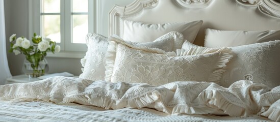 A bed adorned with a white comforter and pillows, creating a clean and inviting sleeping space.