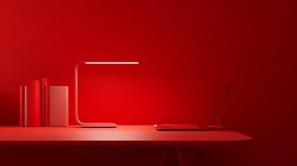 Transform your desk into a haven of productivity and comfort with our AI-enhanced reading light, elegantly displayed on a vibrant red surface attractive look - obrazy, fototapety, plakaty